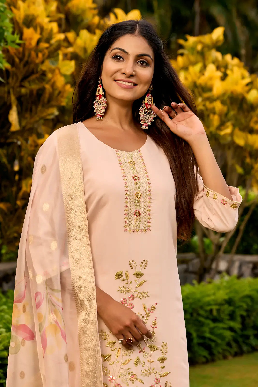 Women's Beautiful Embroidery Work Roman Fabric Straight Kurta Pant and Dupatta Set
