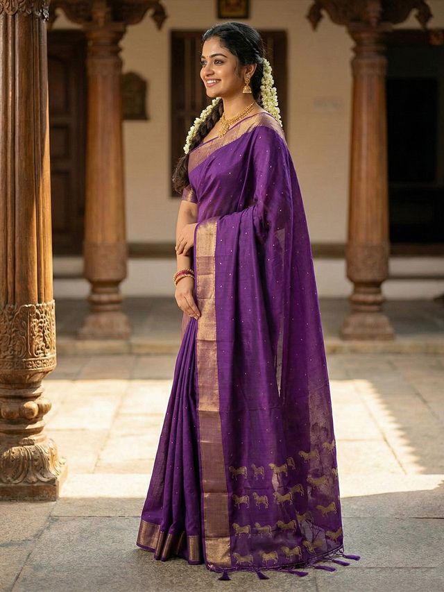Violet Color Soft Silk Fabric Woven Designer Saree For Ethnic Looks