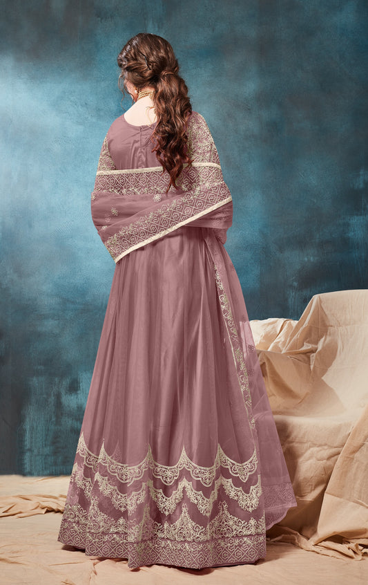 Light_Brown Embroidered Net Semi Stitched Anarkali Suit