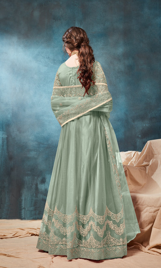 Light Green Embroidered Net Semi Stitched Anarkali Suit