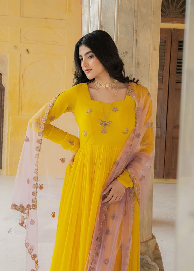 Yellow Color Georgette Fabric Designer Embroidered Partywear Gown For Girlie Looks