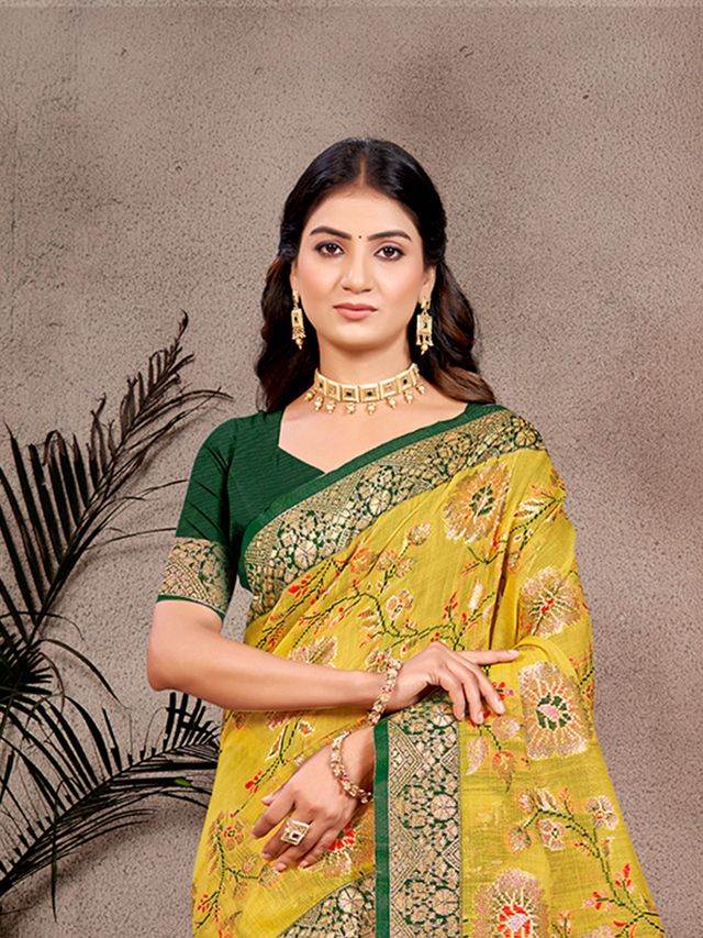 Mustard Color Cotton Silk Fabric Woven Meenakari Designer Partywear Saree