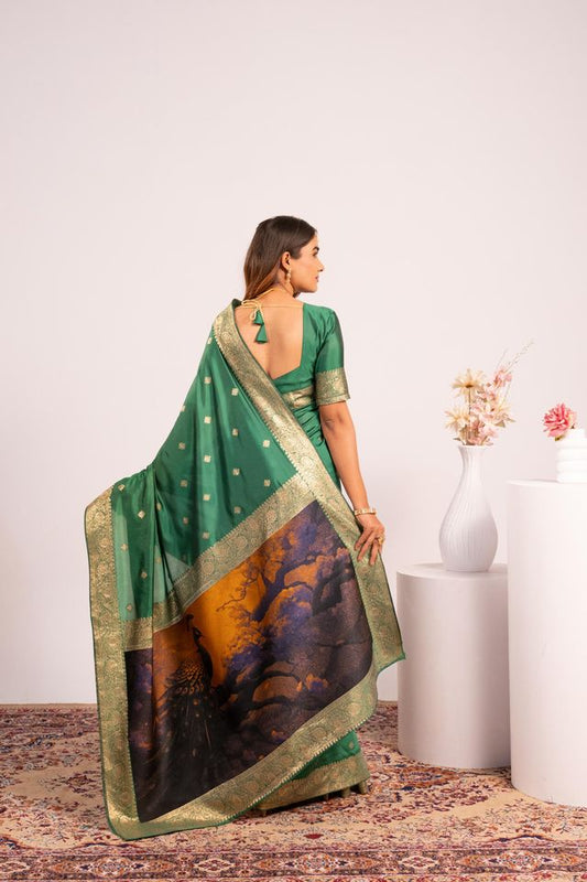 Parrot Green Color Banarasi Silk Saree For Festive Ethnic Saree