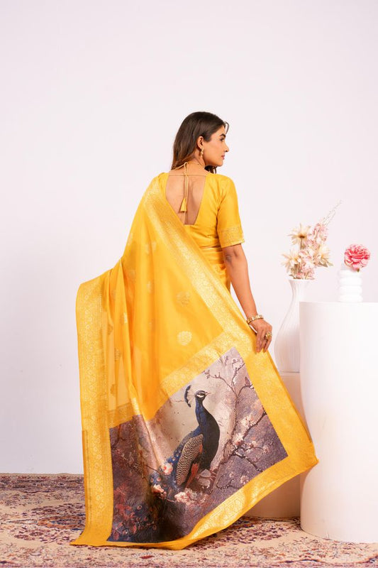 Yellow Color Banarasi Silk Fabric Designer Partywear Saree