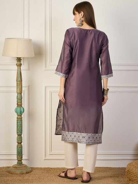 Purple Color Cotton Silk Fabric Woven Designer Ethnic Formal Kurta