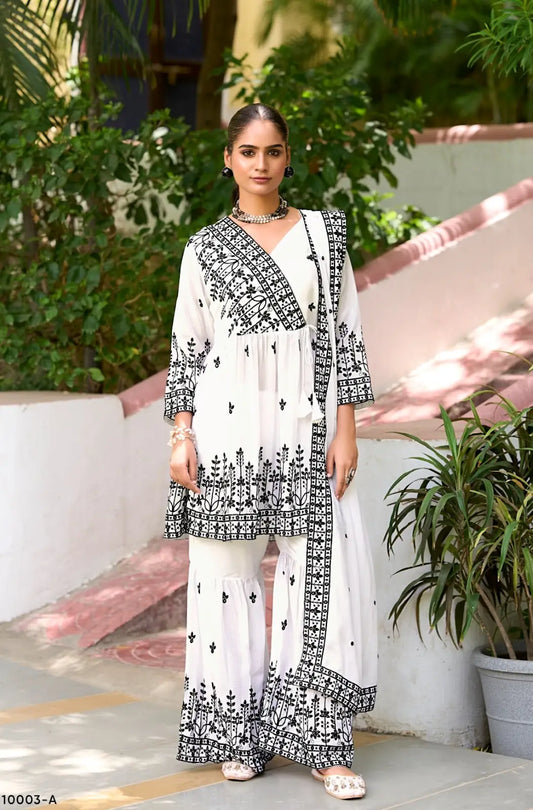 White Chinon Readymade Sharara Suit with Embroidery Work