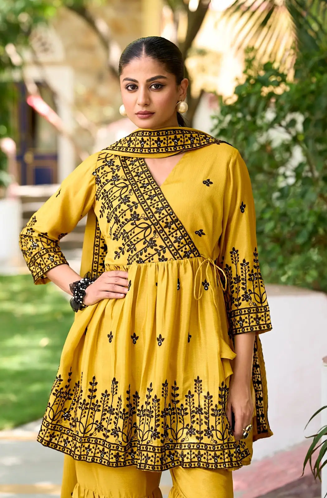 Yellow Chinon Readymade Sharara Suit with Embroidery Work