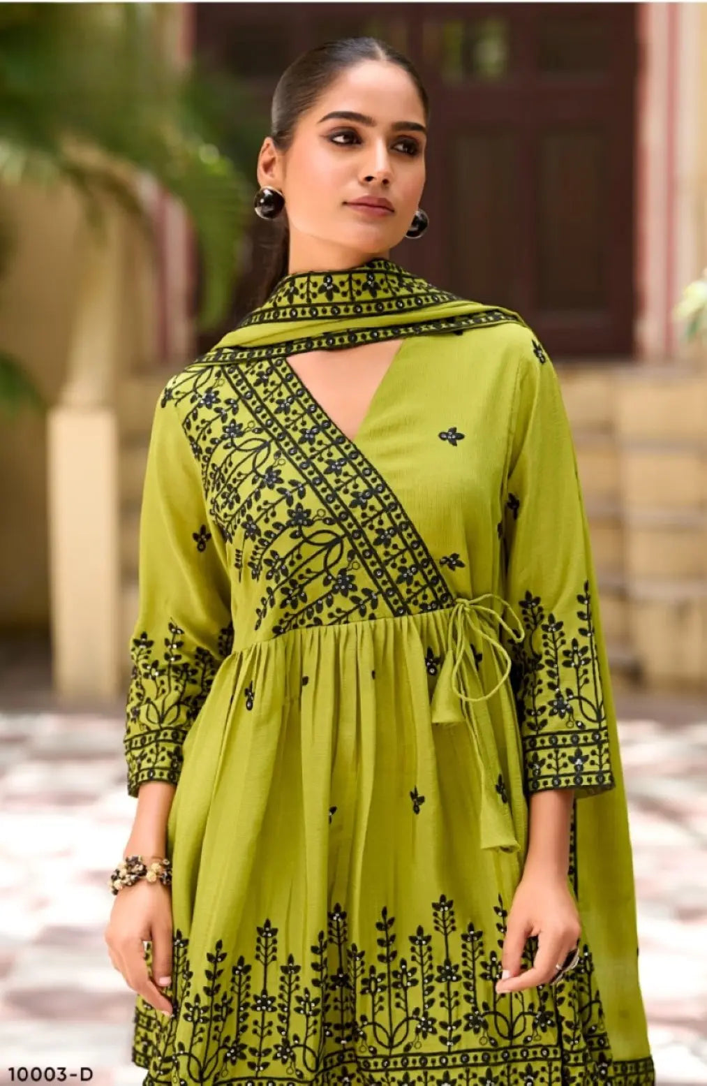 Mehendi Chinon Readymade Sharara Suit with Embroidery Work