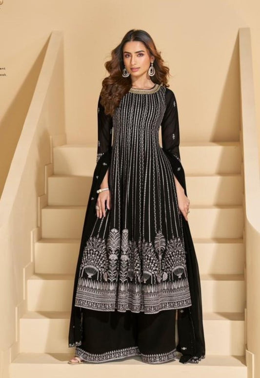 Black Georgette Free Size Stitched Suit with Embroidery & Sequence Work
