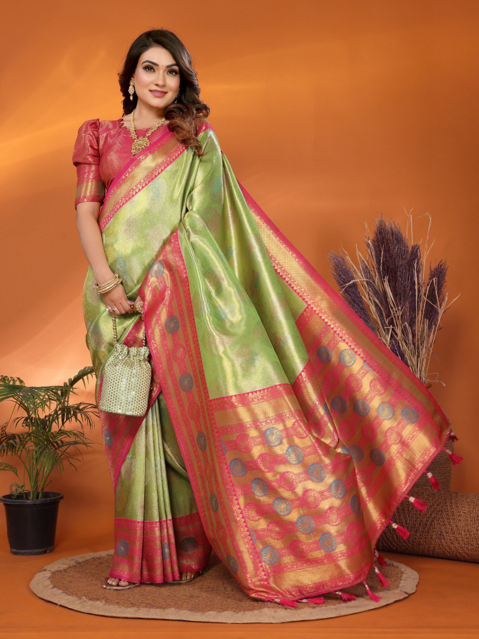 Green banarasi tissue silk saree with weaving work