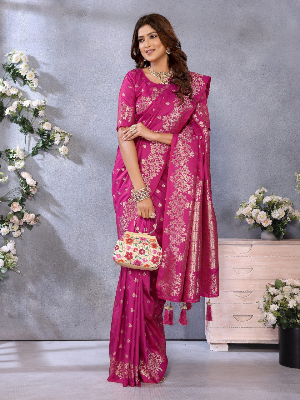 rani pink Premium banarasi tissue silk saree with gala weaving work