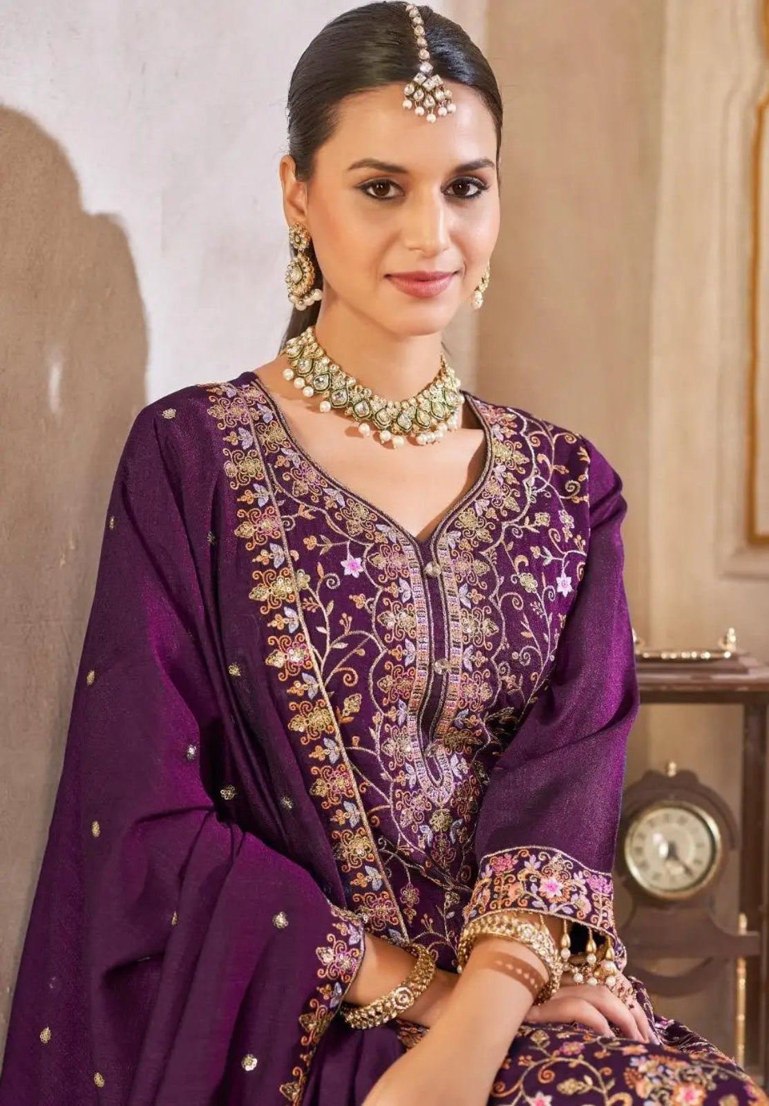 Purple Vichitra Silk Readymade Suit with Embroidery & Lace Work
