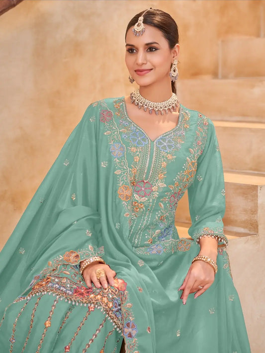 Sky Blue Vichitra Silk Readymade Plazzo Suit with Embroidery & Lace Work