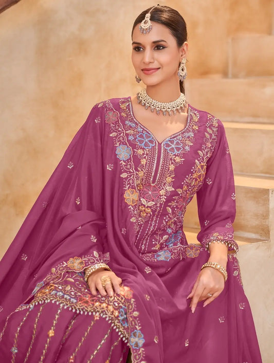 Magenta Vichitra Silk Readymade Plazzo Suit with Embroidery & Lace Work