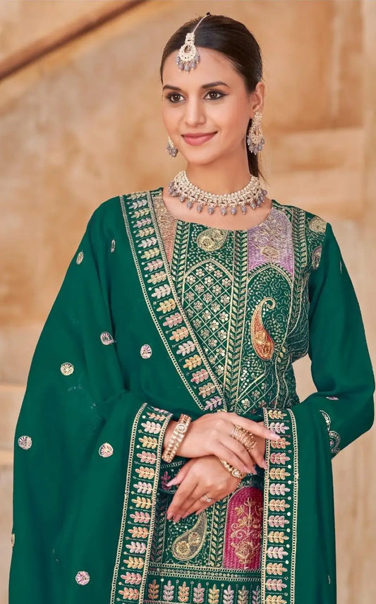 Green Vichitra Silk Readymade Suit with Embroidery & Lace Work
