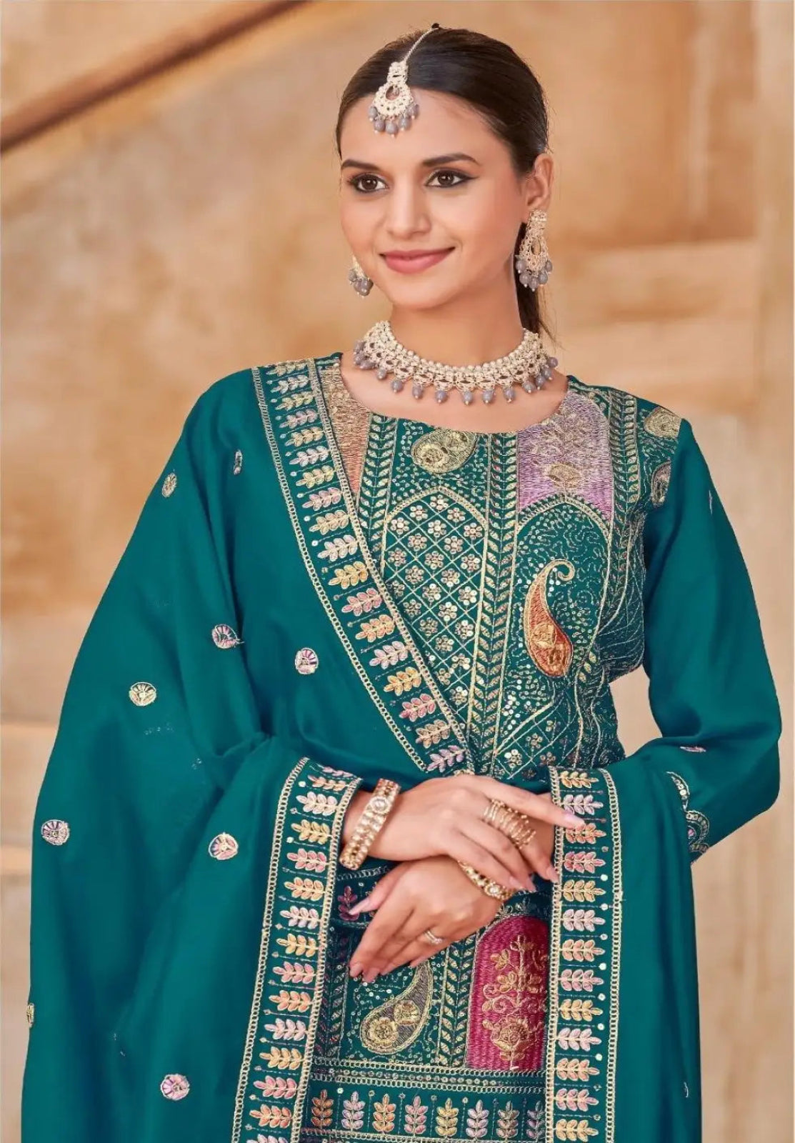Teal Vichitra Silk Readymade Suit with Embroidery & Lace Work