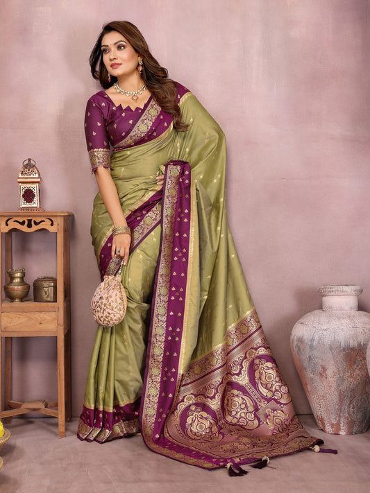 Green Handloom Kalamkari Silk Saree with Zari Woven Work