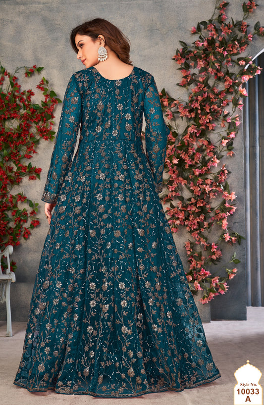 Teal Embroidered Butterfly Net Semi Stitched Anarkali Suit