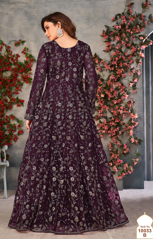 Wine Embroidered Butterfly Net Semi Stitched Anarkali Suit