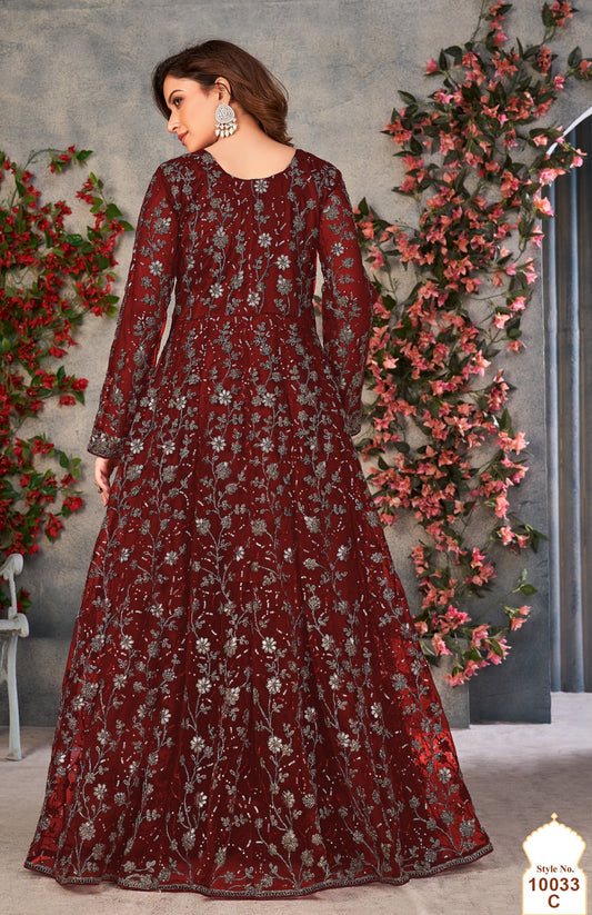 Maroon Embroidered Butterfly Net Semi Stitched Anarkali Suit