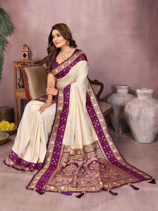 Beige Handloom Kalamkari Silk Saree with Zari Woven Work