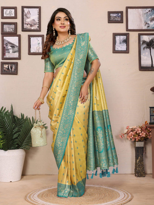 yellow tissue silk saree with weaving Zari work