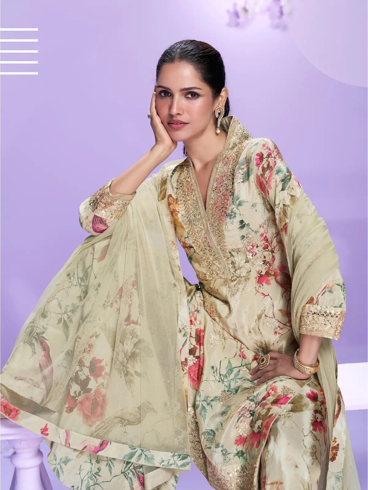 Cream Chinon Readymade Plazzo Suit with Digital Embroidery Work