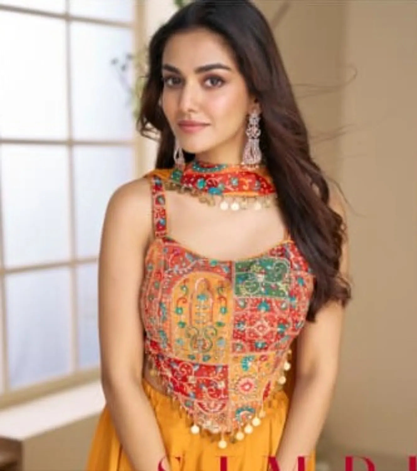 Orange Heavy Chinon Free Size Stitched 3 Piece Set With Sequence & Mirror Work