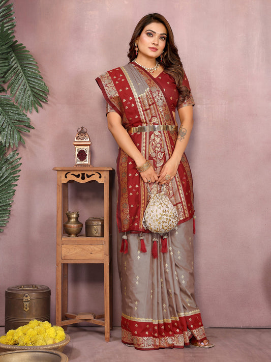 Grey Handloom Kalamkari Silk Saree with Zari Woven Work