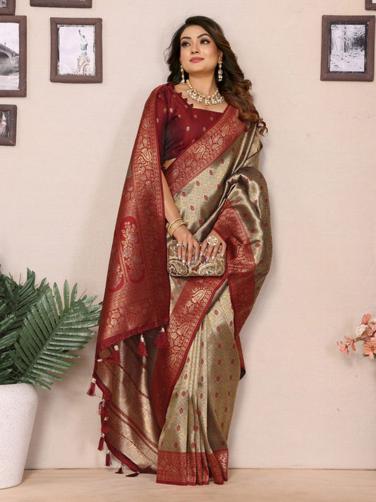beige tissue silk saree with weaving Zari work