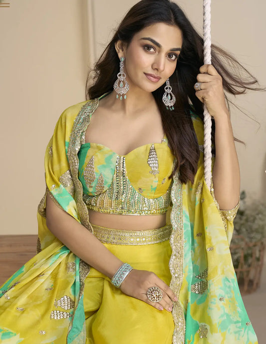 Mustard Chinon Free Size Readymade Shrug Suit with Embroidery Sequence Work (Free Size)