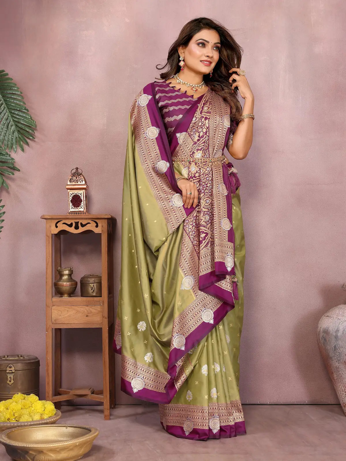 Olive Handloom Kalamkari Silk Saree with Zari Woven Work
