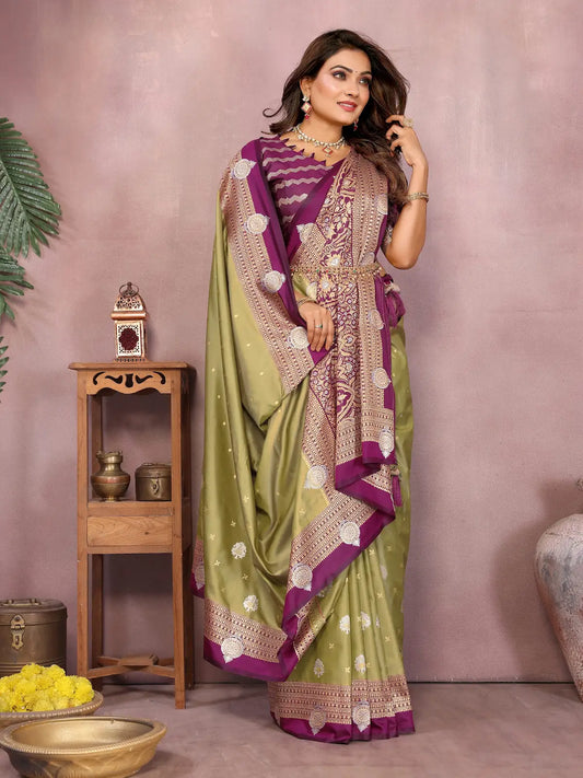Olive Handloom Kalamkari Silk Saree with Zari Woven Work