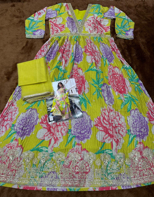 Mustard Chinon Silk Readymade Anarkali Suit with Embroidery Work