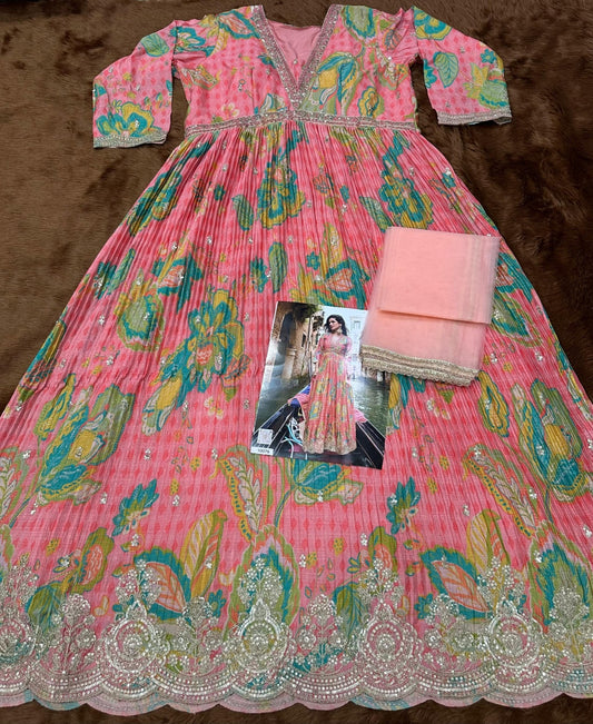 Pink Chinon Silk Readymade Anarkali Suit with Embroidery Work