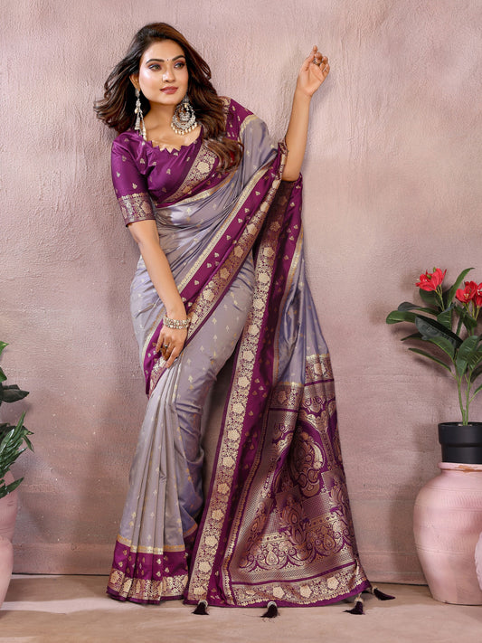 Lavender Handloom Kalamkari Silk Saree with Zari Woven Work