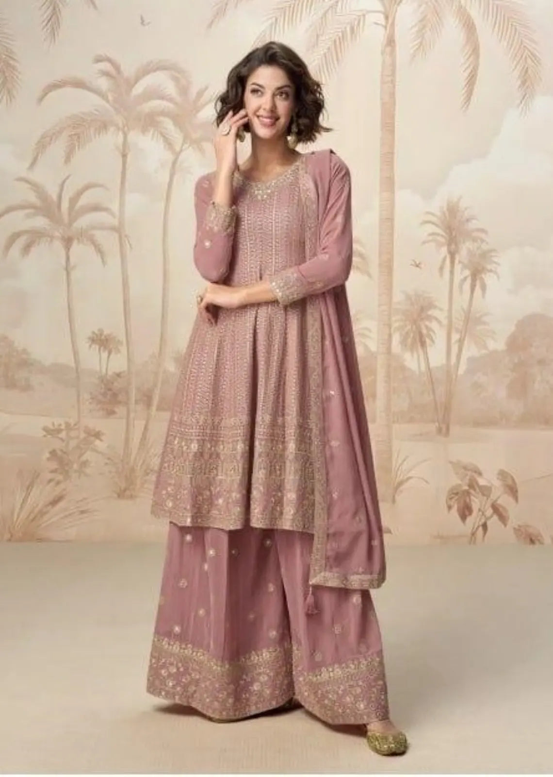 Peach Heavy Fox Georgette Free Size Stitched Suit with Sequence Work