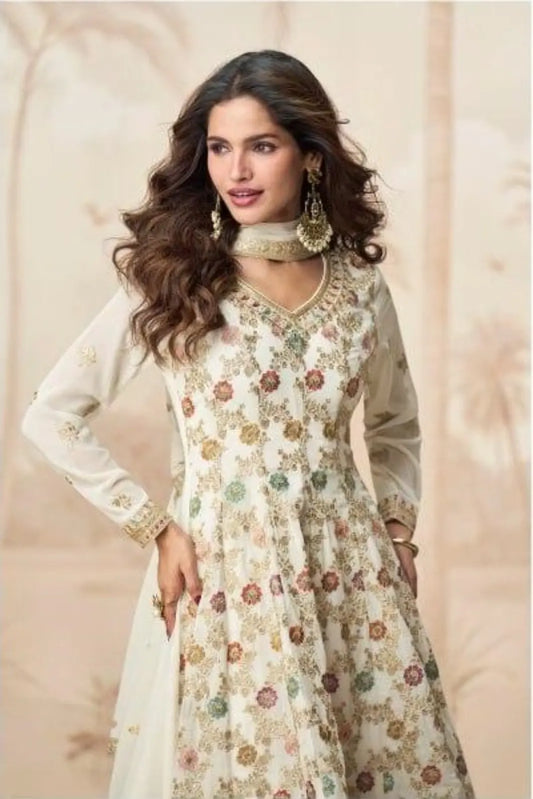 White Heavy Fox Georgette Free Size Stitched Suit with Sequence Work