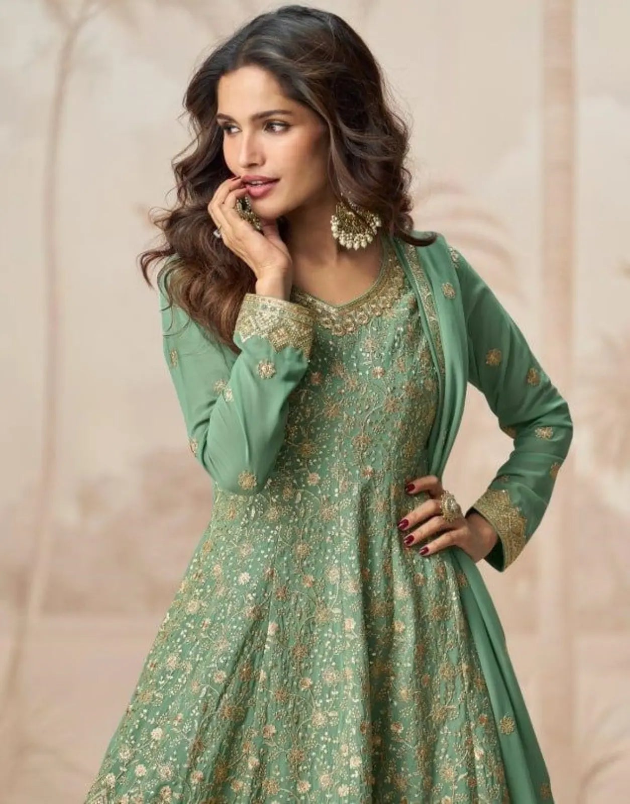 Green Heavy Fox Georgette Free Size Stitched Suit with Sequence Work