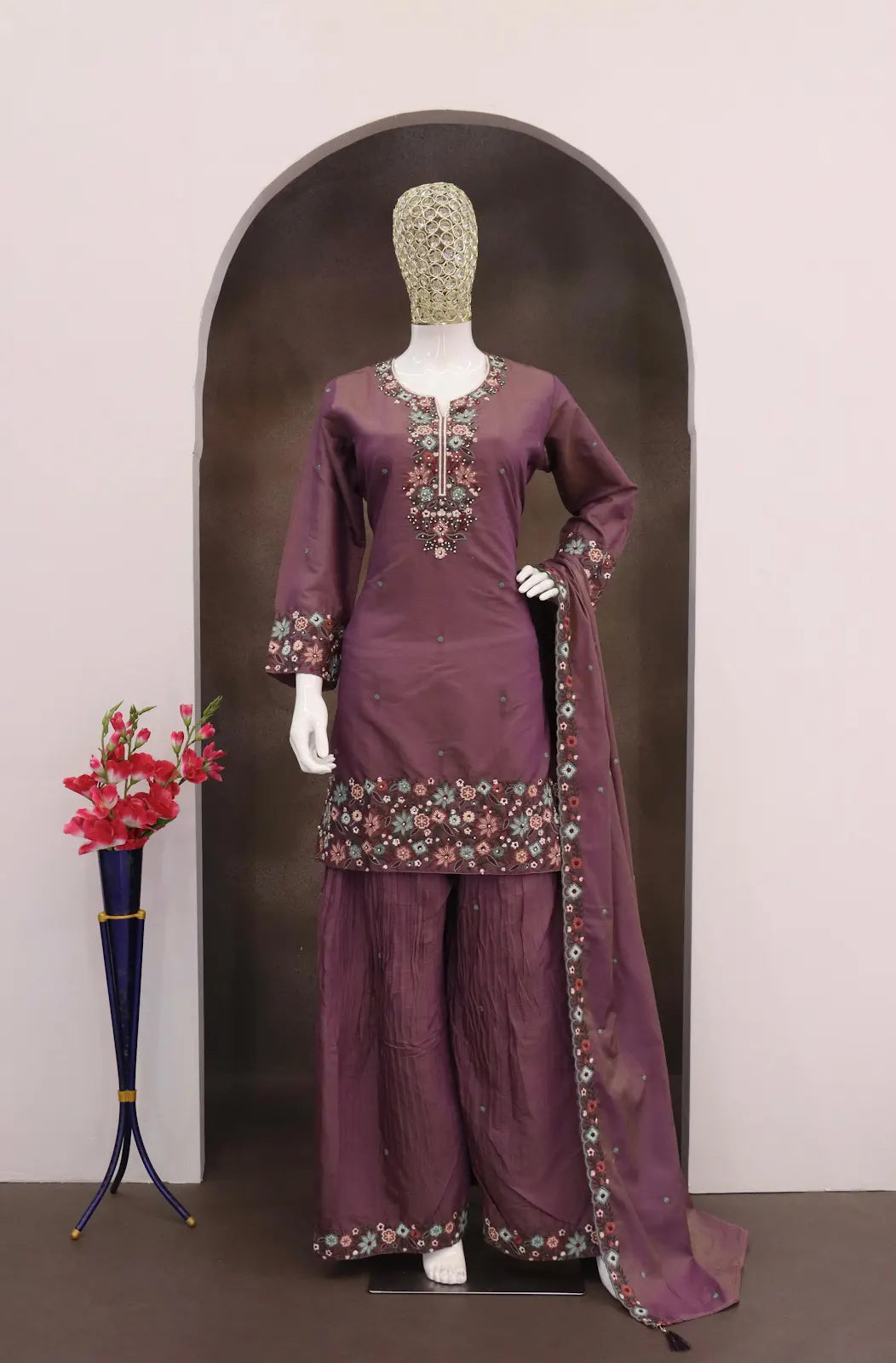 Wine Simar with Embroidery Multi & Zarkhan Work Readymade Plazzo suit