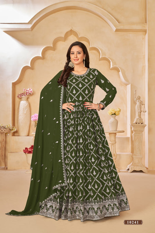 Mehendi Embroidered Faux Georgette Semi Stitched Anarkali Suit