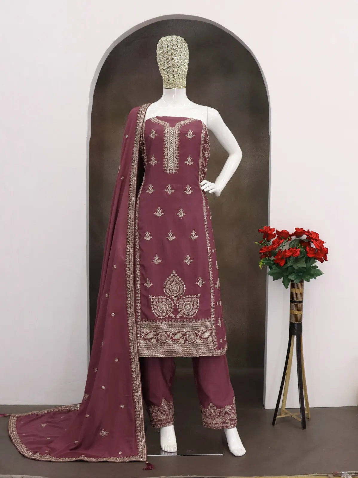 Purple Chinon Silk Semi Stitched Suit with Embroidery & Sequence Work