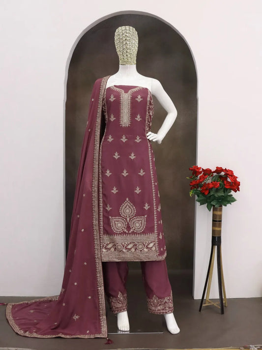 Purple Chinon Silk Semi Stitched Suit with Embroidery & Sequence Work