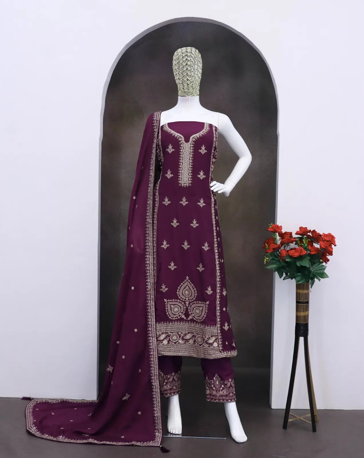 Dark Purple Chinon Silk Semi Stitched Suit with Embroidery & Sequence Work