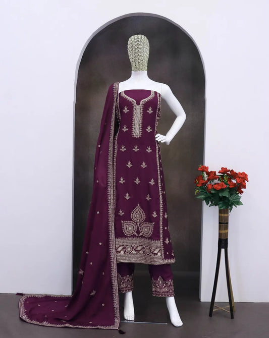 Dark Purple Chinon Silk Semi Stitched Suit with Embroidery & Sequence Work