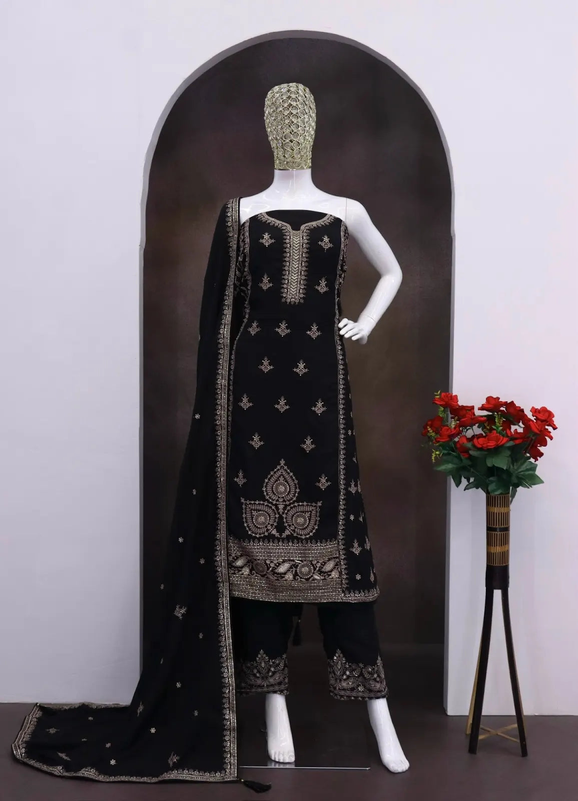 Black Chinon Silk Semi Stitched Suit with Embroidery & Sequence Work