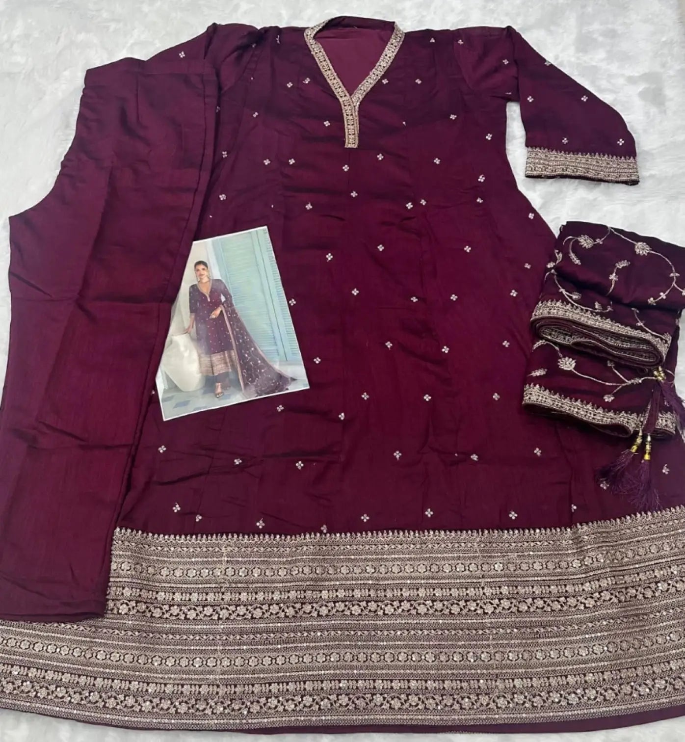 Maroon Chinon Anarkali Suit with Embroidery Sequence Work (Free Size)