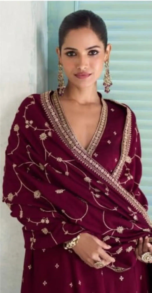 Maroon Chinon Anarkali Suit with Embroidery Sequence Work (Free Size)