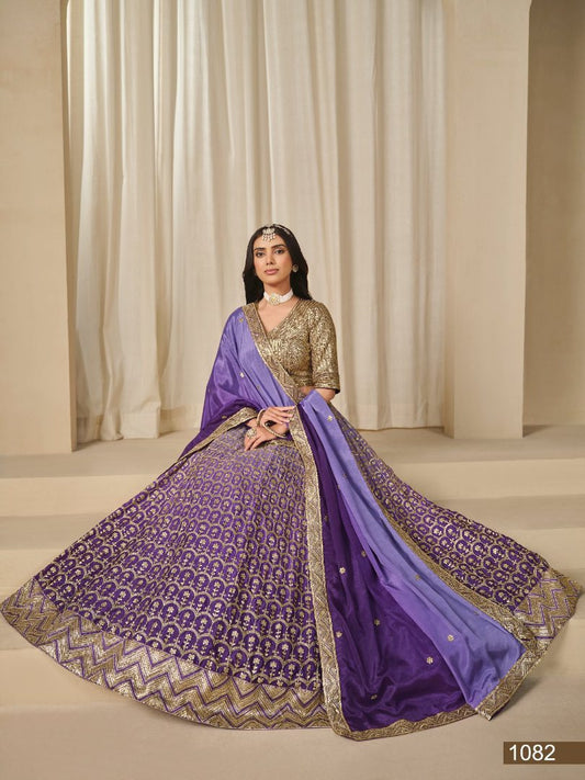 Purple Embriodered Heavy Chinon Silk Designer Semi Stitched Lehenga With Blouse