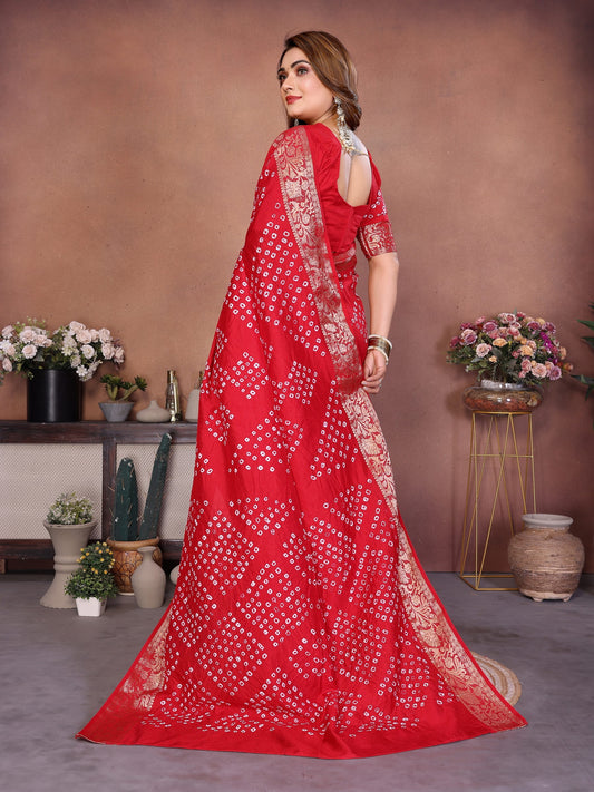 Red Handmade Bhandhej Viscos Silk Saree With Blouse